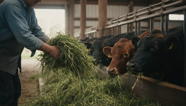 Hardworking farmer providing fresh fodder to domestic cows