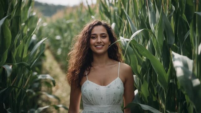 Walking woman stepping toward camera after camera cue in cornfield, posing for camera in sundress