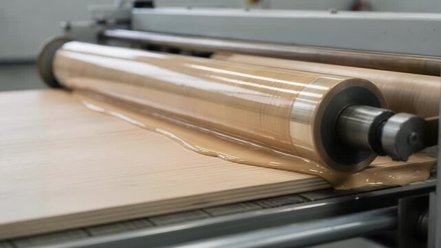Medium frame showing rollertype spreader distributing a consistent film of adhesive on veneer emphasizing efficiency and uniform coverage in the prepping process.