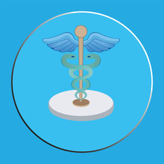 Caduceus Medical Symbol with Two Snakes and Wings on Blue Circular Background - 3D Illustration