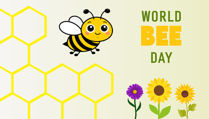 Obraz premium World Bee Day banner, May 20, featuring a cute cartoon bee, honeycomb pattern, and colorful flowers with English typography on a light background.