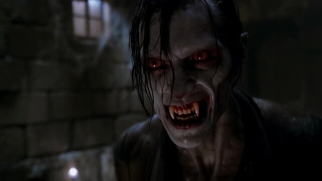 Reacting to closeup pale humanoid escalating snarl in damp cell, barred window, torn coat and fangs