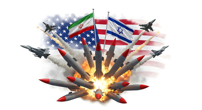 Missiles and jets launch with USA, Israel, Iran flags, symbolizing military conflict and international relations.