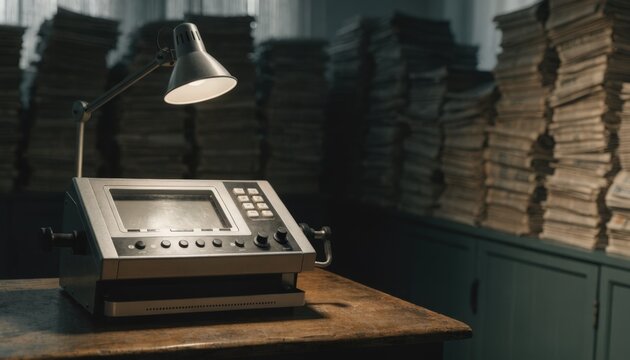 Medium shot of a microfiche station illuminated by a small lamp the reader in sharp focus while the darkened room with blurred newspaper stacks recedes.