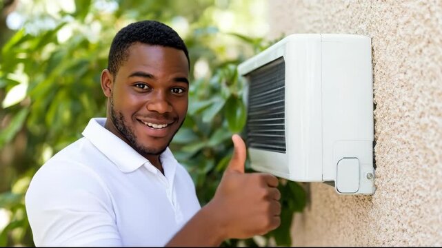 A man happily servicing an air conditioner outdoors.