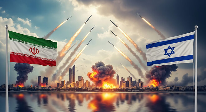 Israel vs Iran conflict, city skyline with missiles and flags, war and tension concept