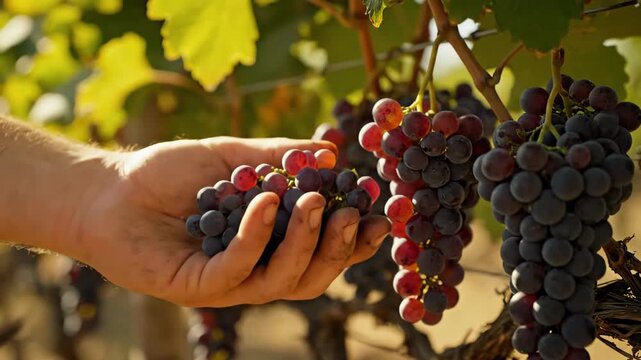 Harvesting grapes - A close-up view of a hand picking ripe grapes from the vine.