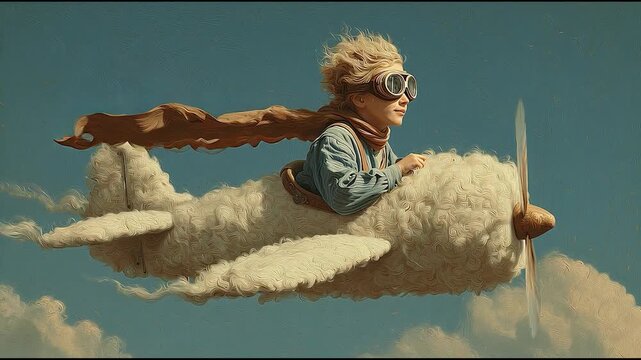 Whimsical child flying in a fluffy cloud airplane with vintage goggles and scarf, dreamy fantasy adventure illustration