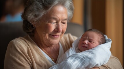 Elderly woman meeting her newborn great grandchild for the first time with trembling hands and overwhelmed joy, perfect for senior family milestone concept, elder generational emotion, aging love,