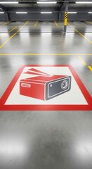 Distinctive Floor Marking Depicting Projector Symbol Within Parking Structure's Concrete Surface