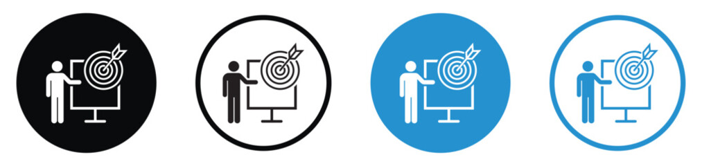 Professional icons featuring a person pointing to a bullseye target on a board. Ideal for concepts involving strategic planning, goal setting, marketing focus, and hitting sales targets. © bibin
