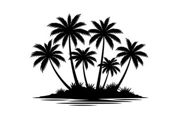 Obraz premium Silhouette of palm trees on island with reflective water.