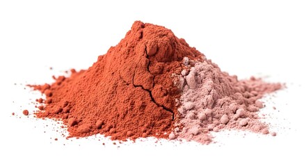 A small pile of vibrant red and pink cosmetic powder sits against a clean white background showcasing texture and color for beauty and wellness product imagery