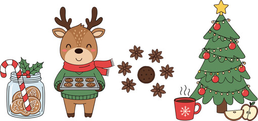 Naklejka premium Cute Christmas Reindeer with Cookies Holiday Decorations and Tree Vector Illustration Set