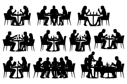 Silhouettes of diverse couples dining at tables in various poses.
