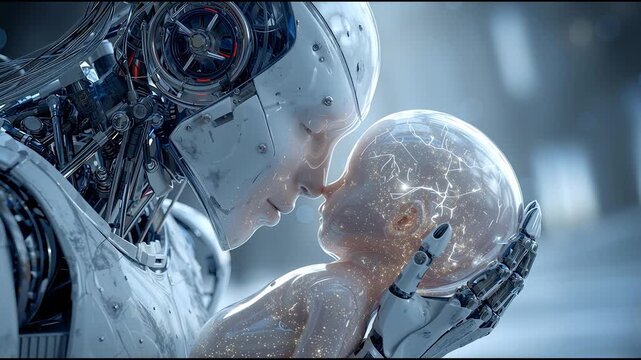 Futuristic humanoid robot holding and bonding with newborn artificial baby, symbolizing AI evolution and synthetic life