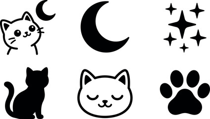 Naklejka premium Minimalist kawaii line art cat icons with moon stars paw sleeping face sitting profile and playful smiling expression black vector