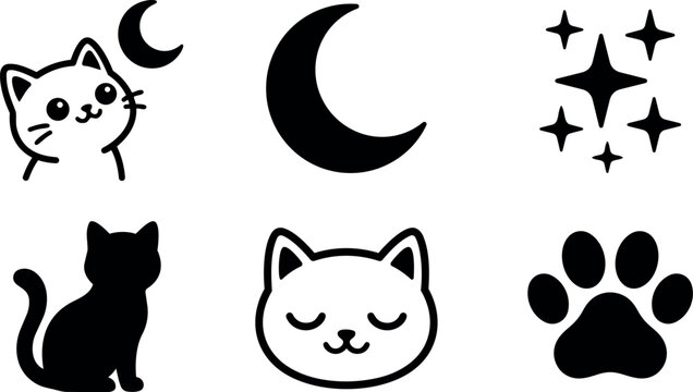 Minimalist kawaii line art cat icons with moon stars paw sleeping face sitting profile and playful smiling expression black vector