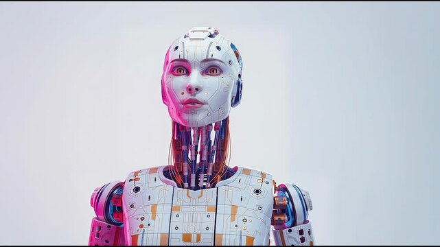 Futuristic female android with exposed circuits in profile view