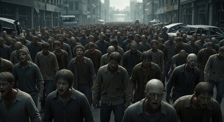 A massive, unsettling horde of gaunt figures shuffles through deserted urban streets, creating a chilling atmosphere of an impending collapse and widespread societal breakdown