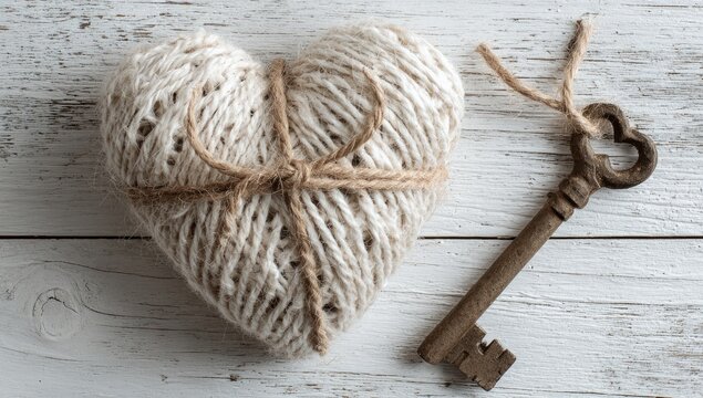 Handmade yarn heart tied with twine next to an antique key