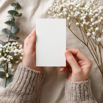 Hands hold a blank card with flowers, set on linen. Cozy, natural aesthetic
