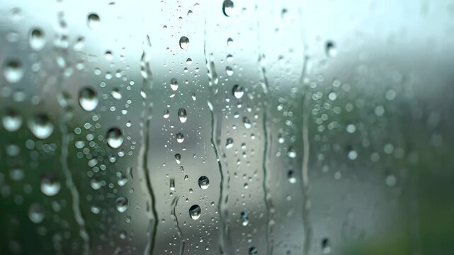Close up video of beautiful rain droplets slowly sliding down a window glass pane, perfect for moody backgrounds, weather reports, tranquil scenes, and abstract overlays