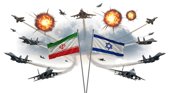 Fighter jets and flags of Israel and Iran in a symbolic conflict scene with explosions