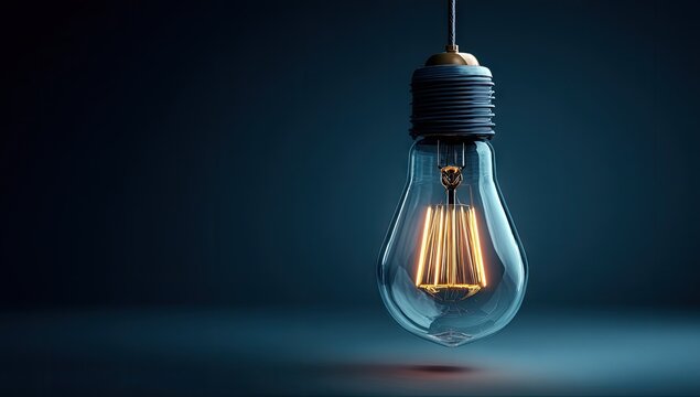 Hanging, illuminated lightbulb on a deep blue background