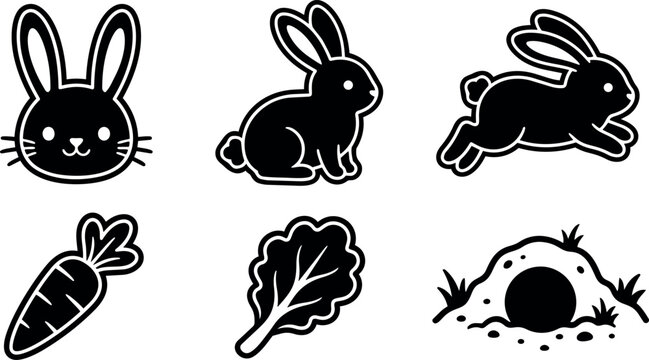 Minimalist line art rabbit sticker set showing head sitting and running bunnies with carrot lettuce and burrow in black white
