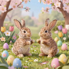 Fototapeta premium woodcut, colorful spring garden filled with easter bunny friends and decorated eggs