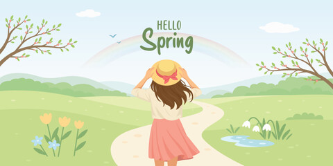 Naklejka premium Hello Spring Landscape Illustration with Girl in Hat, Green Meadow and Blossoming Trees. Seasonal Nature Horizontal Background for Greeting Card, Poster, Banner. Springtime Scene with Woman in a Hat