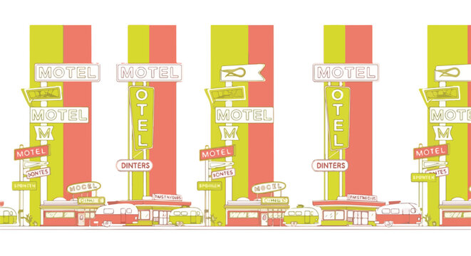 Seamless pattern of retro roadside motels and vintage signs in a vibrant flat illustration style, evoking classic American road trips and nostalgic travel.