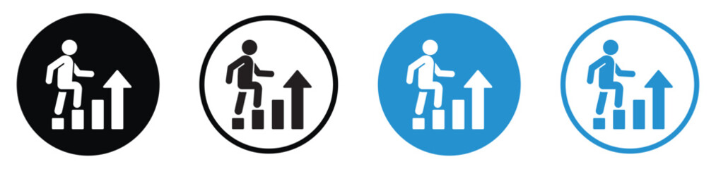 Figure climbing steps with a rising arrow, symbolizing career advancement and personal development. Perfect for success, growth, promotion, and professional achievement concepts.