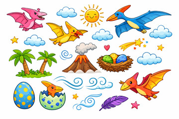 Obraz premium Cute cartoon dinosaurs and prehistoric elements in a vibrant, playful illustration