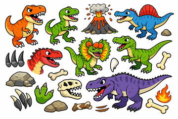 Naklejka premium Collection of cute cartoon dinosaurs and prehistoric elements for children's designs