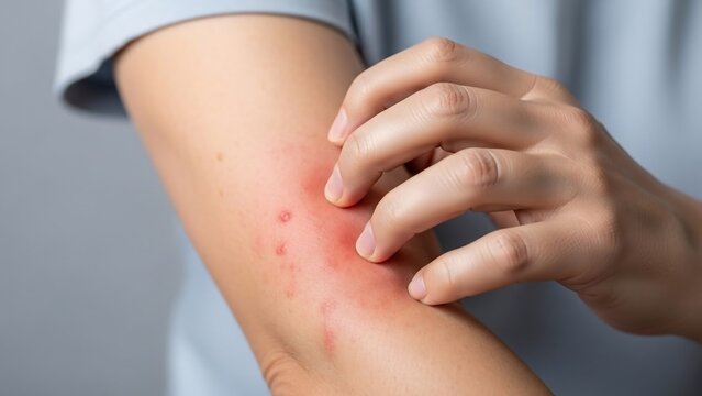 Close-up of a person's arm with red, itchy skin and bumps, being scratched due to an allergic reaction or insect bites.