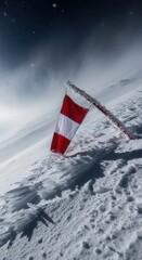 Dramatic Red And White Flag Waving On Snowy Mountain Summit Against A Bleak Sky