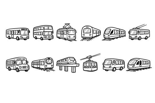 Collection of hand-drawn public transportation vehicles and trains in a doodle style