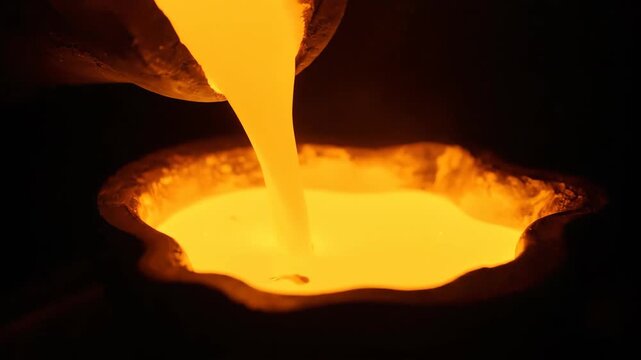 Molten metal pouring process in a foundry, industrial manufacturing concept.