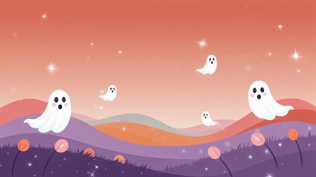 Ghosts float in the air with a beautiful landscape of hills and pumpkins under a starry sky at sunset