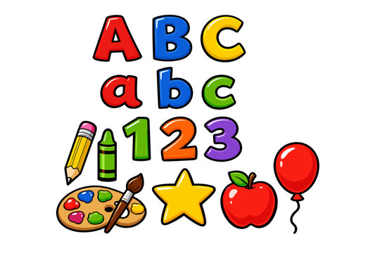Colorful ABCs, 123s, and school supplies for early childhood education