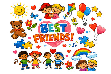 Obraz premium Cute cartoon best friends illustration with playful elements and happy children