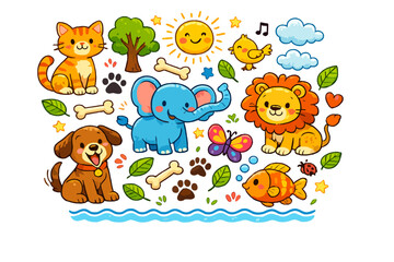 Naklejka premium Cute cartoon animals and nature elements for children's illustrations and designs
