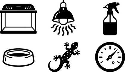 Fototapeta premium Minimalist vector reptile terrarium icons set showing glass tank heat lamp spray bottle water dish lizard hygrometer side view top