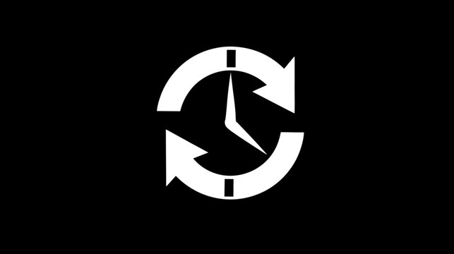 Time refresh icon with clock and circular arrows. Update, history, synchronize, repeat, and loop concept. Vector graphic on black.