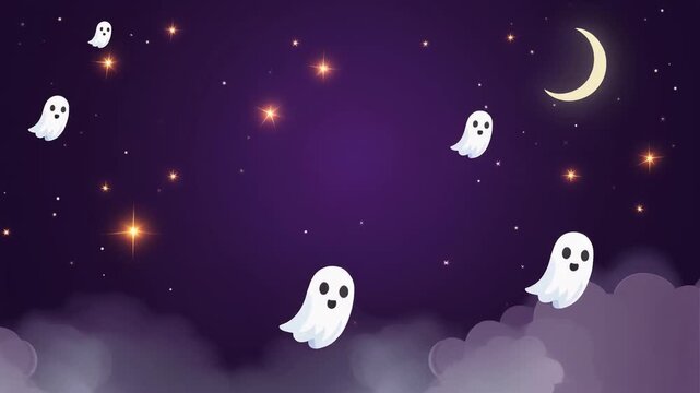 Whimsical ghosts floating amidst stars and crescent moon in a dark celestial landscape