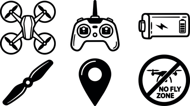 Line art top view quadcopter icons set with remote controller battery propeller location pin and no fly zone sign outline