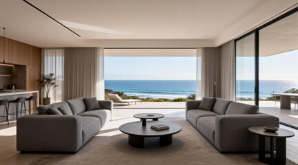 Fototapeta premium Modern Coastal Living Room with Ocean View