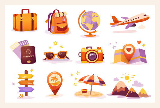 Travel set with passport, globe, air ticket, camera, plane, sunglasses, credit card, backpack, wallet, suitcase,location icon and spf cream. Adventure, tourism, vacation, trip. Vector.